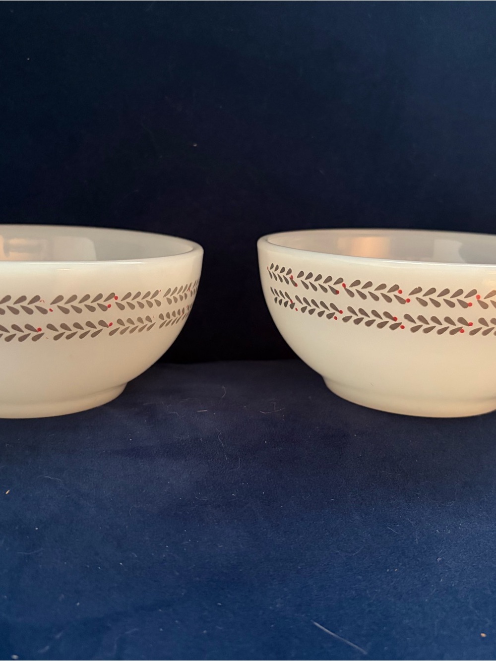 Vintage lot of 2 termocrisa White milk glass Bowls with Leaf and Dot Border